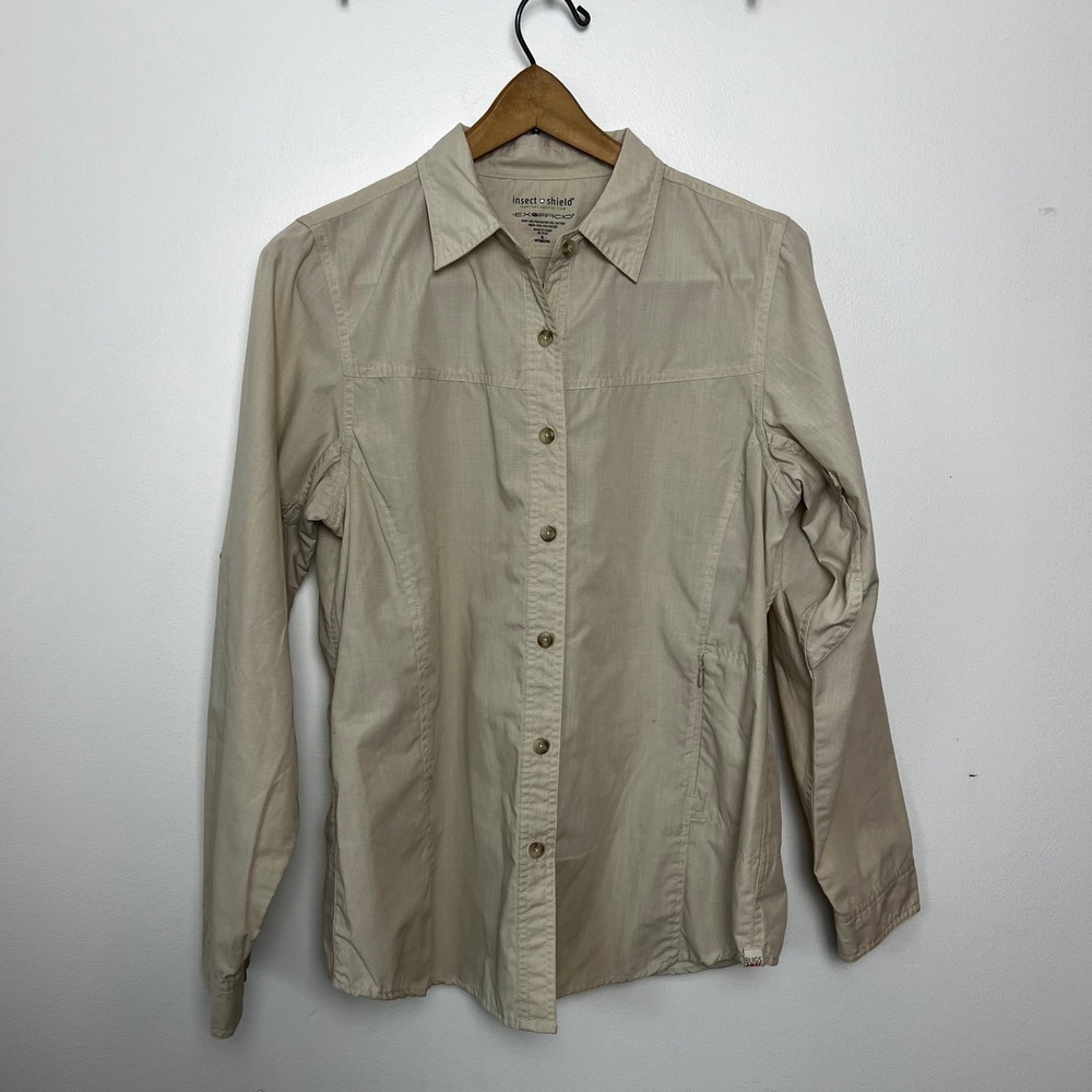 ExOfficio BugsAway Insect Shield Shirt Womens Medium Tan Ripstop Hiking Long Slv